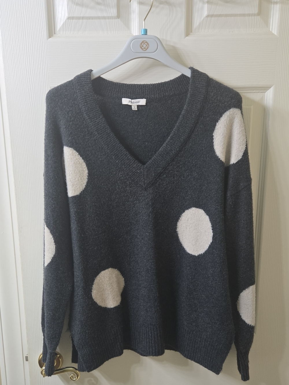 Madewell Charcoal V-Neck Sweater with White Polka Dots